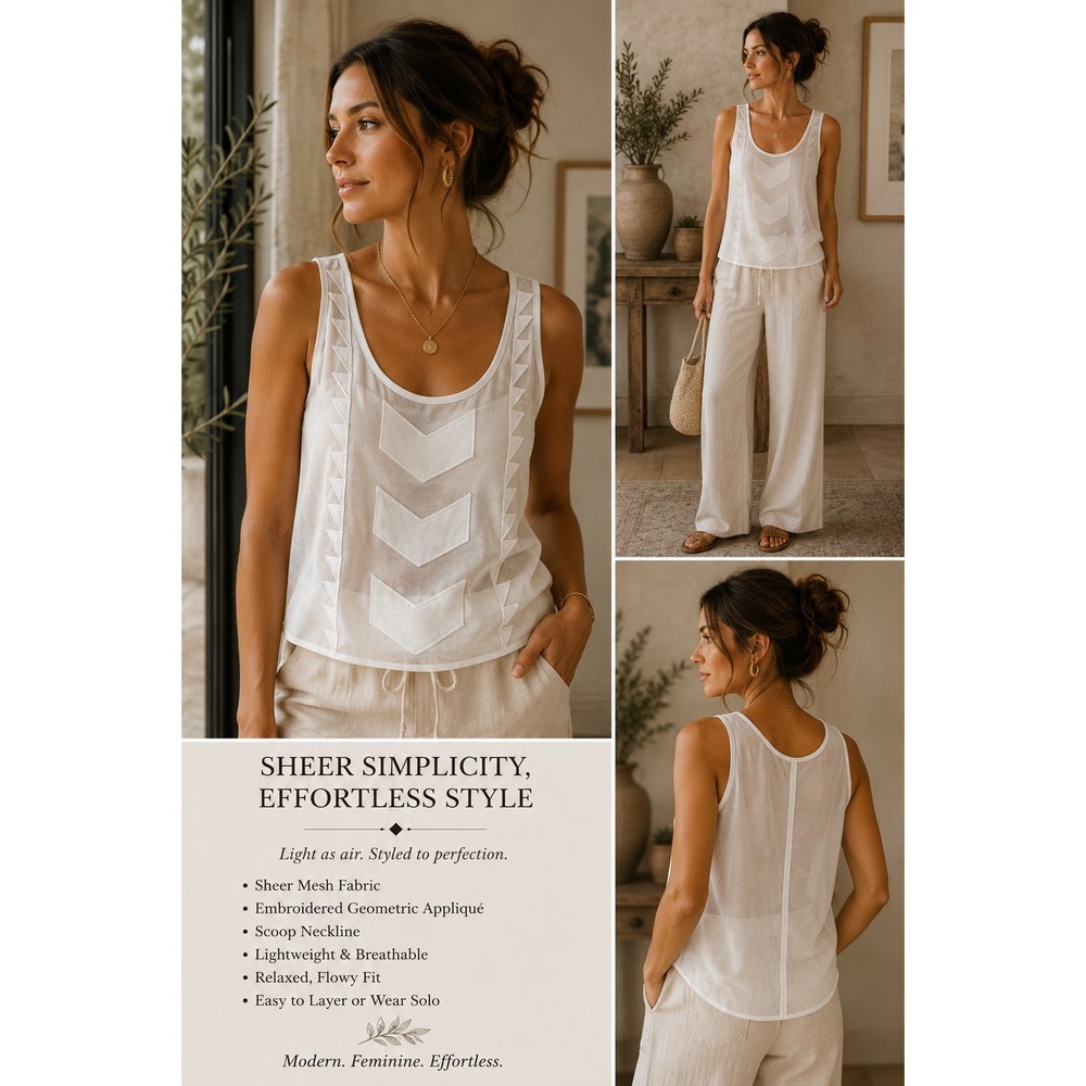MINKPINK Sheer Mesh Tank Top Womens Medium White Excellent Embroidered Geometric